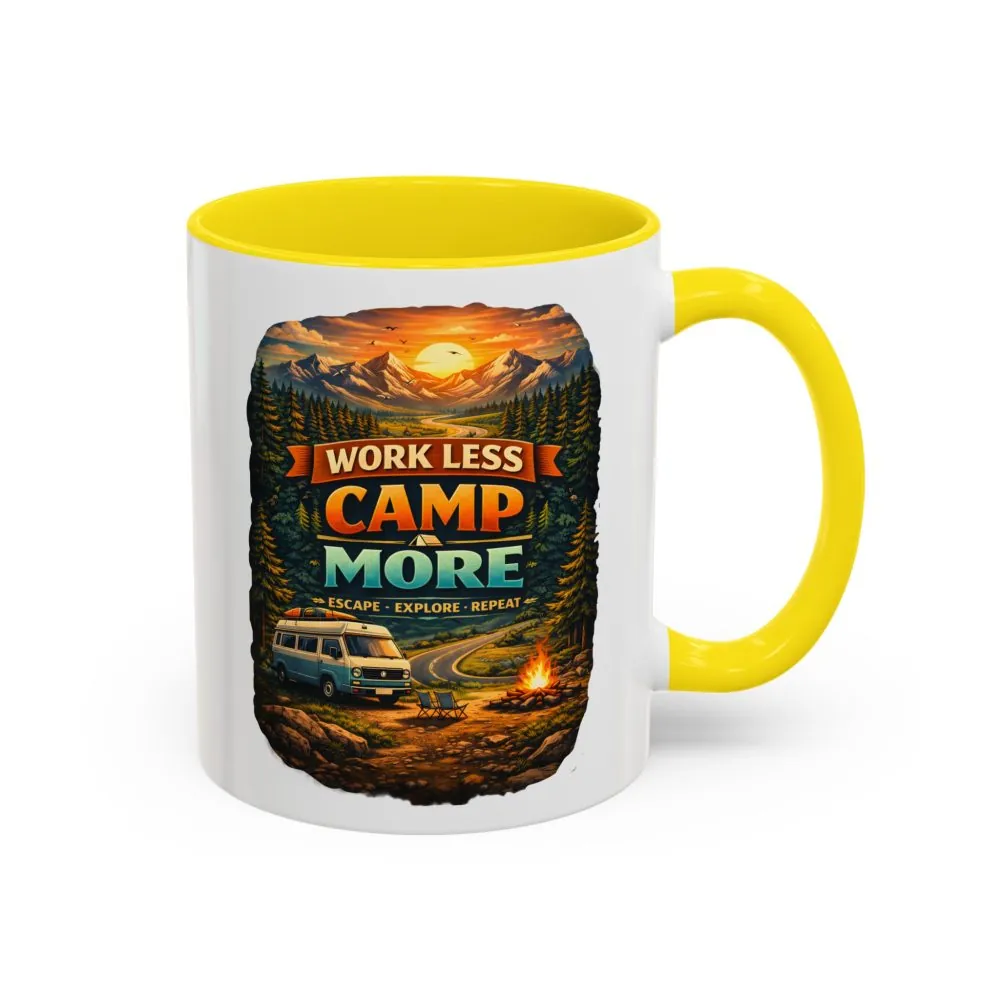 Accent Coffee Mug (11, 15oz) — "Work Less-Camp More" Design Scenic-Line