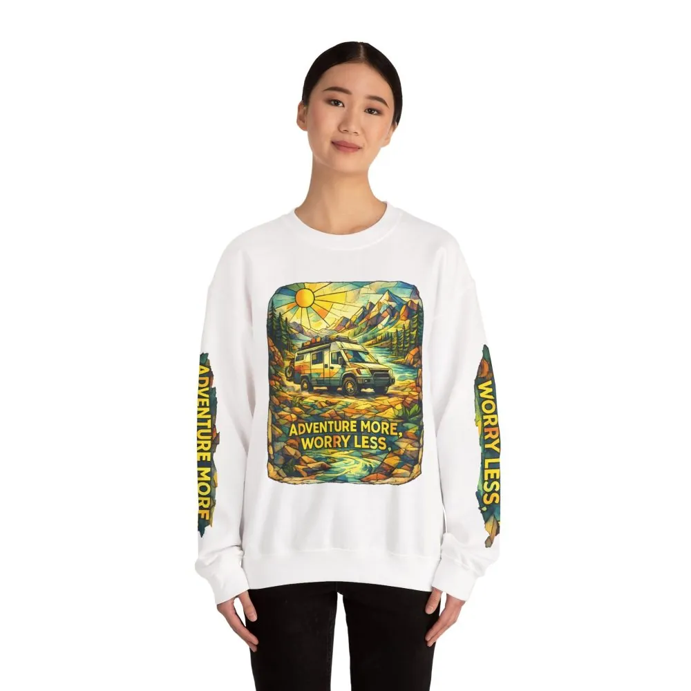 Unisex Heavy Blend™ Crewneck Sweatshirt — "Adventure More Worry Less" Design Cubic-Line