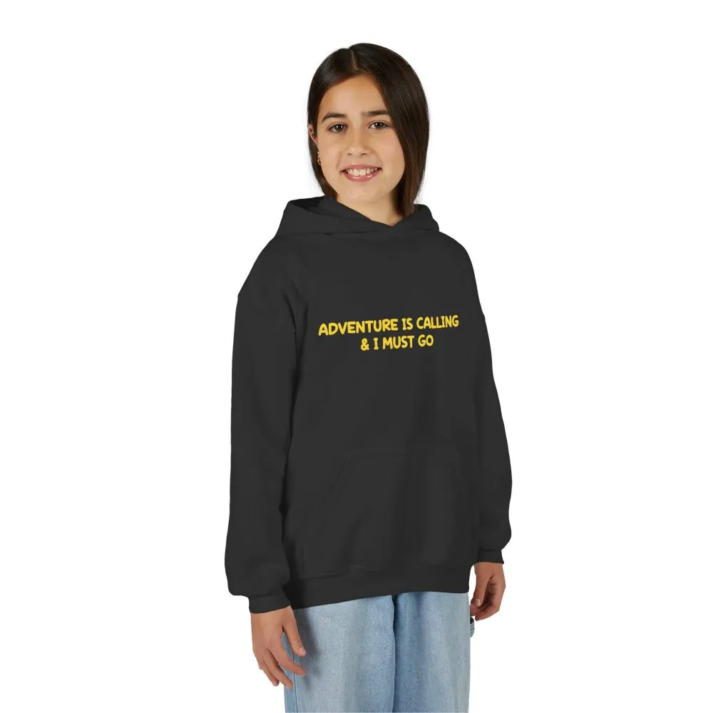 Youth Hoodie(Gildan) – "Adventure Is Calling-I Must Go" (Design Sitcom-Line)