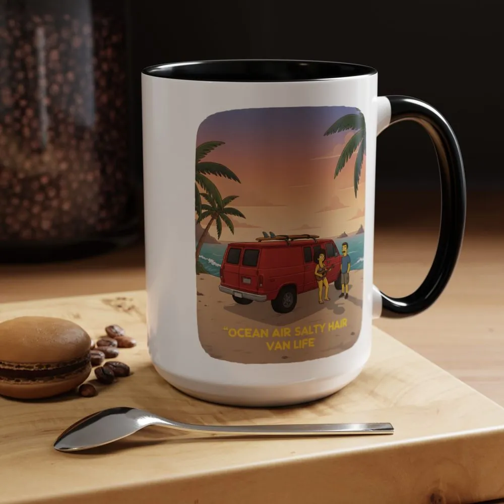 Accent Coffee Mug (11, 15oz) — "Ocean Air Salty Hair Van Life" Design Sitcom-Line