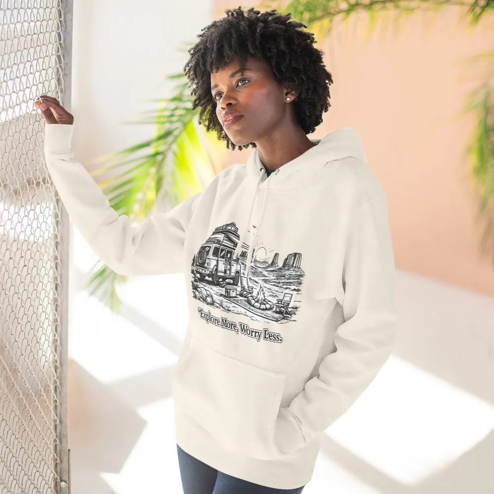 Three-Panel Fleece Hoodie - "Explore More Worry Less" Design Minimal-Line