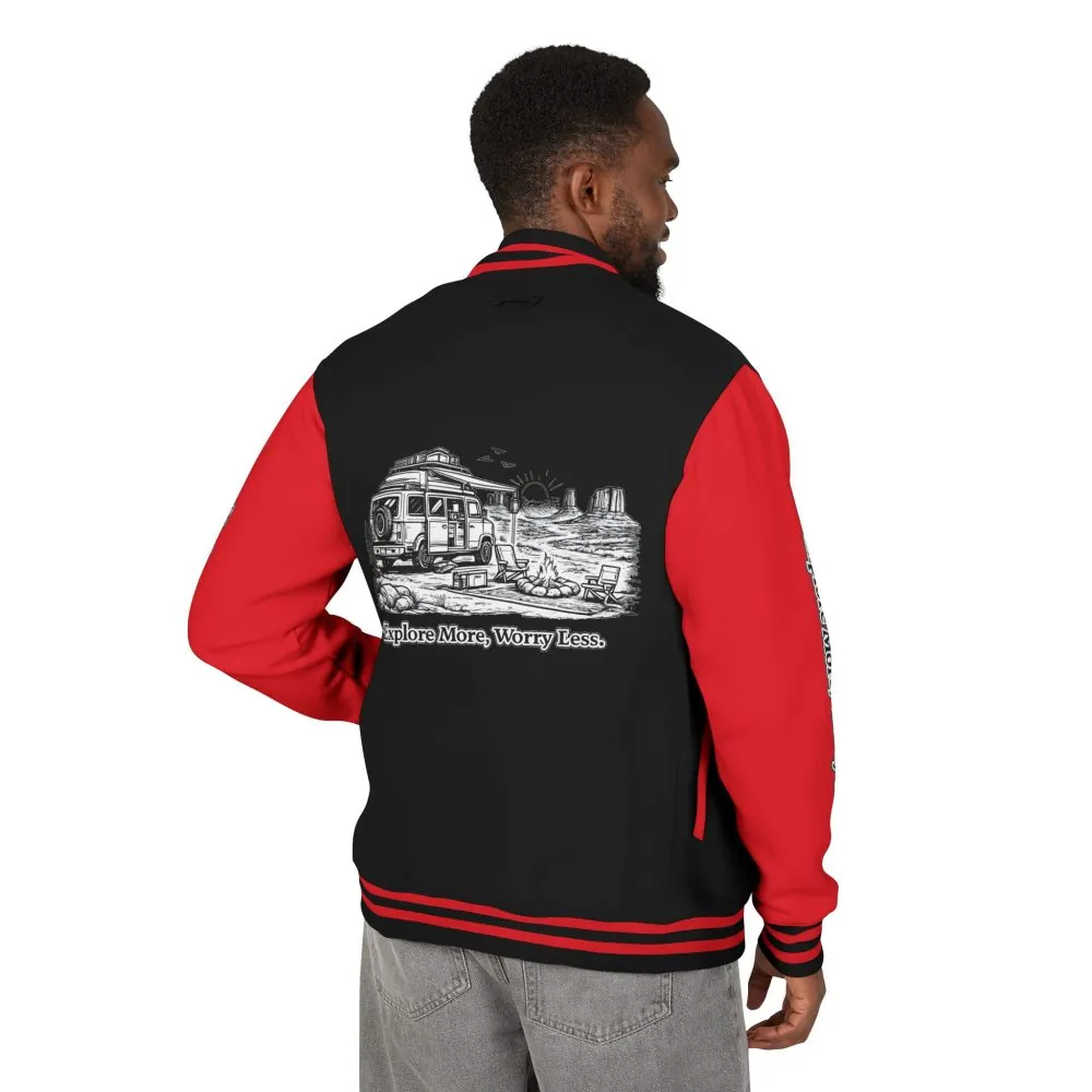 Unisex Heavyweight Letterman Jacket — "Explore More Worry Less" Travel Varsity Coat