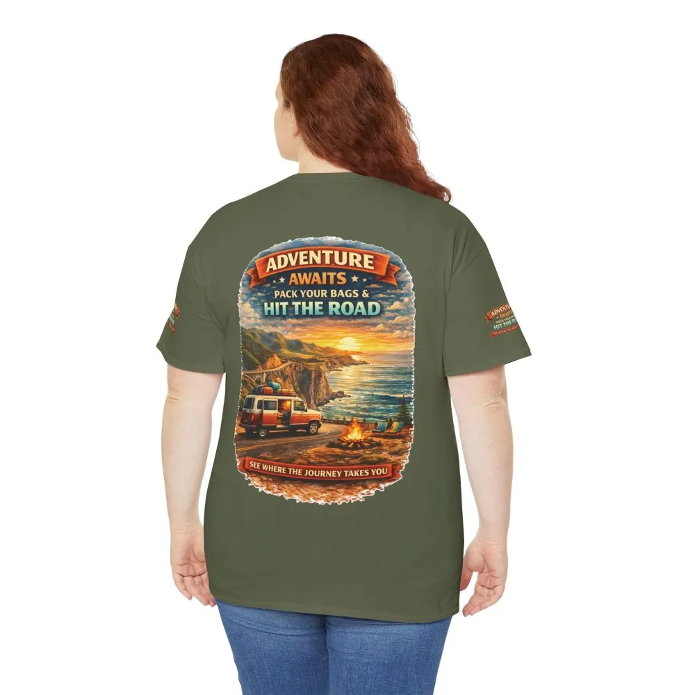 Unisex Heavy Cotton Tee — "Adventure Awaits-Pack Your Bags" Design Scenic-Line