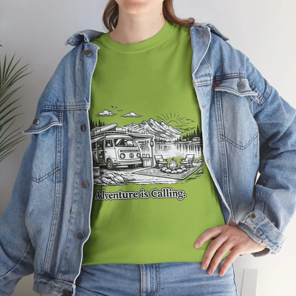 Unisex Heavy Cotton Tee — "Adventure Is Calling" Design Minimal-Line