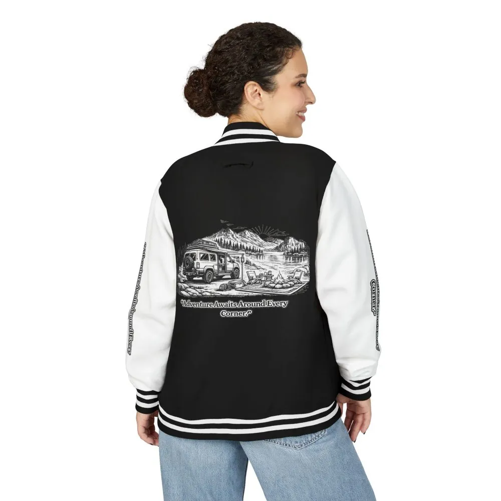 Unisex Heavyweight Letterman Jacket — "Adventure Awaits Around Every Corner" Travel Varsity Coat