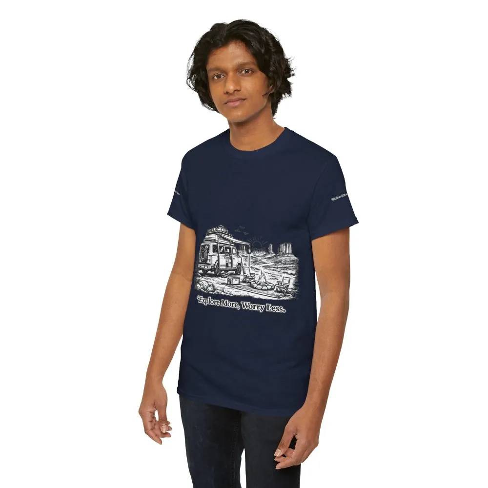 Unisex Heavy Cotton Tee — "Explore More Worry Less" Design Minimal-Line