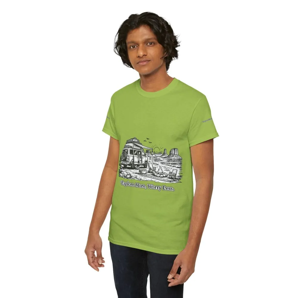 Unisex Heavy Cotton Tee — "Explore More Worry Less" Design Minimal-Line