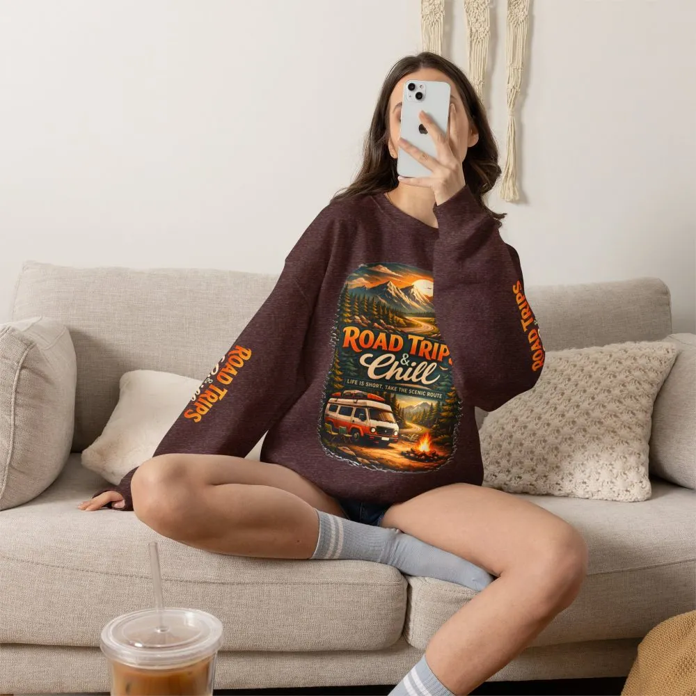 Unisex Heavy Blend™ Crewneck Sweatshirt — "Road Trips & Chill" Design Scenic-Line