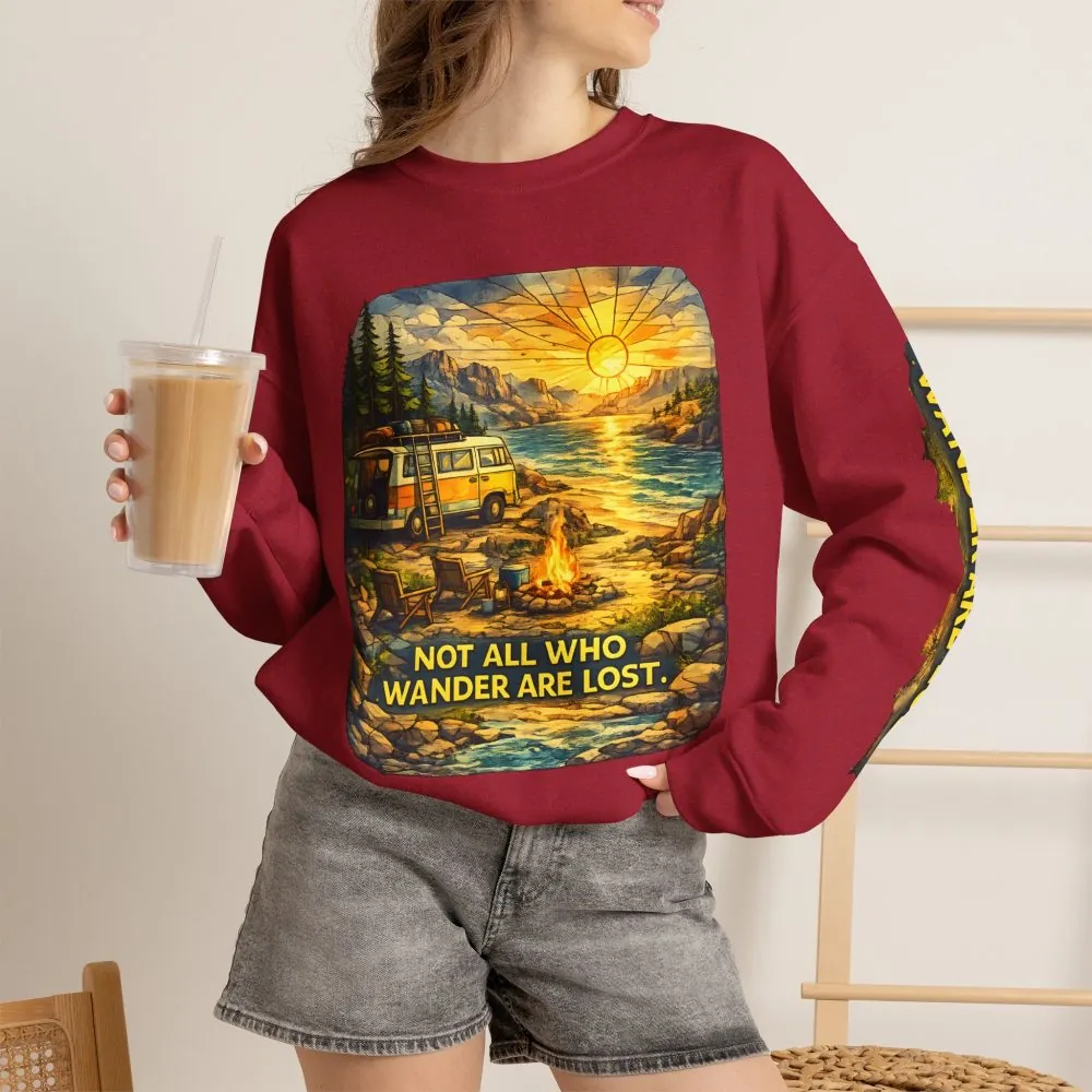 Unisex Heavy Blend™ Crewneck Sweatshirt — "Not All Who Wander Are Lost" Design Cubic-Line