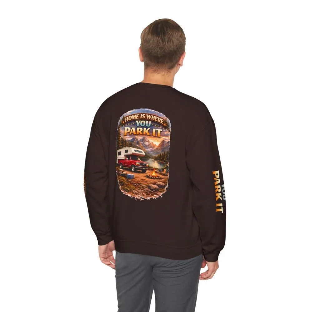Unisex Heavy Blend™ Crewneck Sweatshirt — "Home Is Where You Park It" Design Scenic-Line