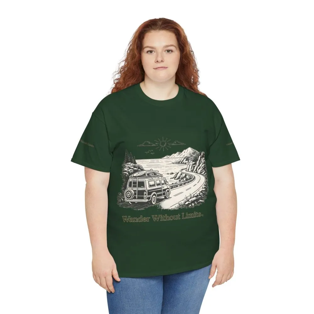 Unisex Heavy Cotton Tee — "Wander Without Limits" Design Minimal-Line