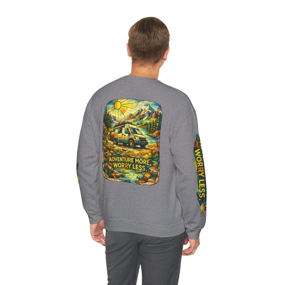 Unisex Heavy Blend™ Crewneck Sweatshirt — "Adventure More Worry Less" Design Cubic-Line