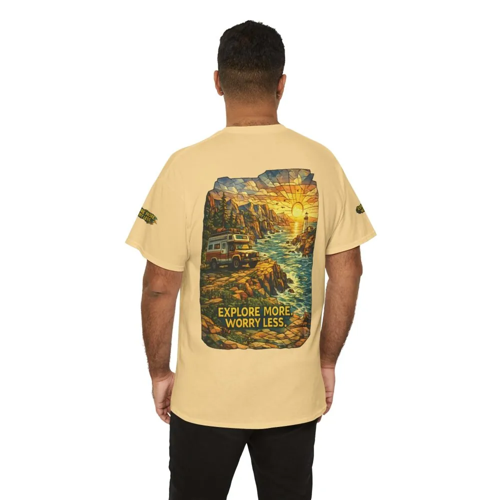 14663429286752829111_2048.jpeg Unisex Heavy Cotton Tee — "Explore More Worry Less" Design Cubic-Line