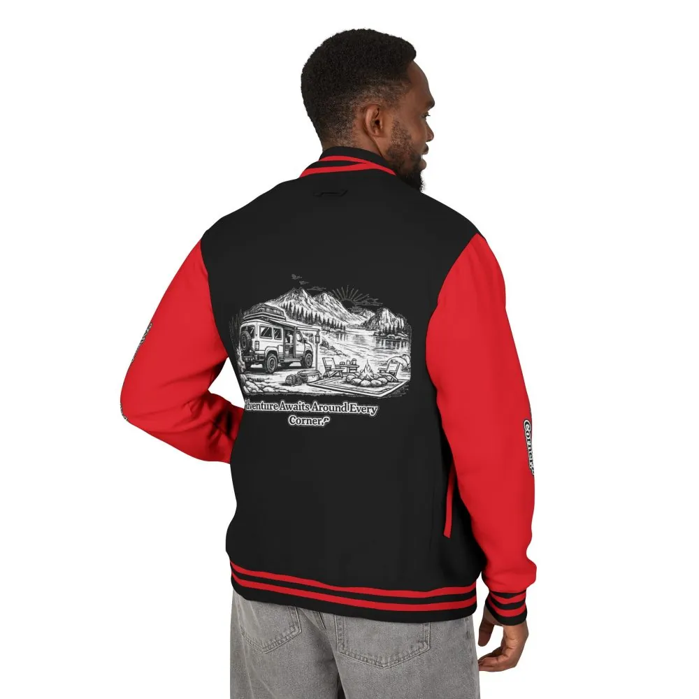 Unisex Heavyweight Letterman Jacket — "Adventure Awaits Around Every Corner" Travel Varsity Coat