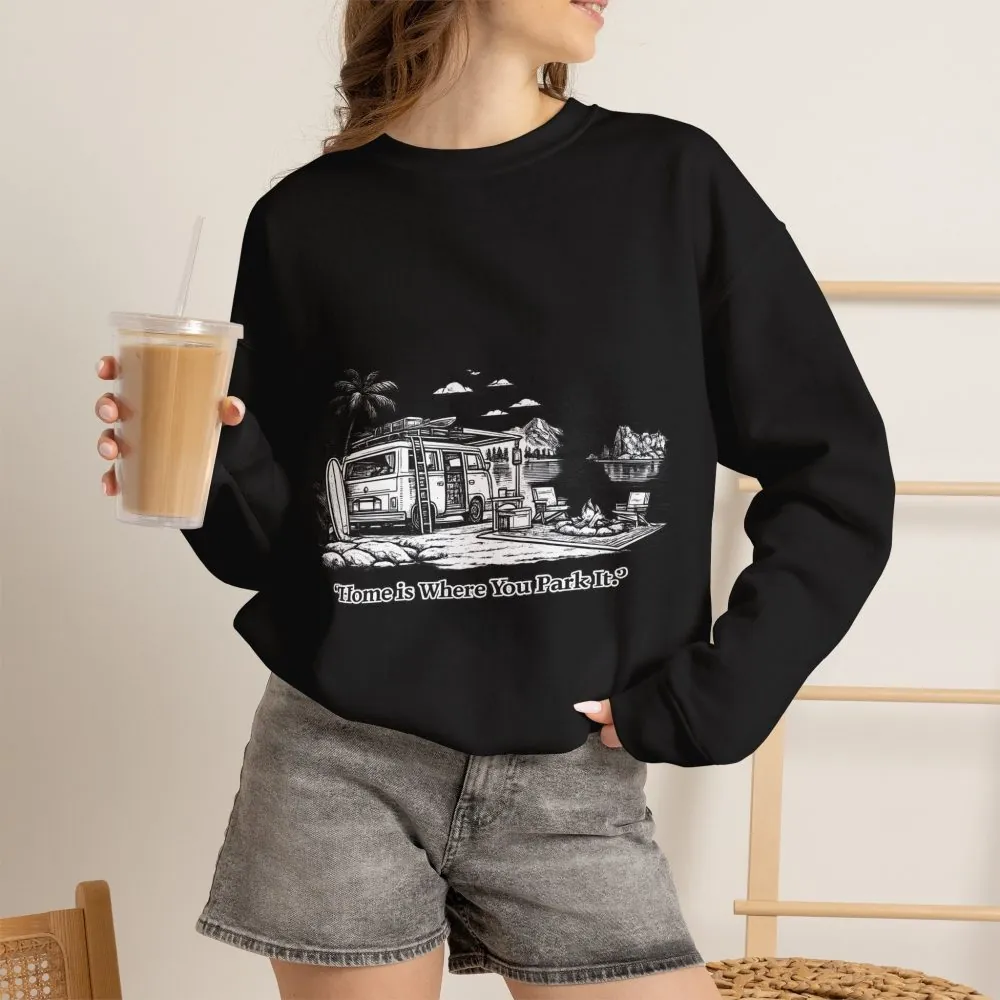 Unisex Heavy Blend™ Crewneck Sweatshirt — "Home Is Where You Park It" Design Minimal-Line