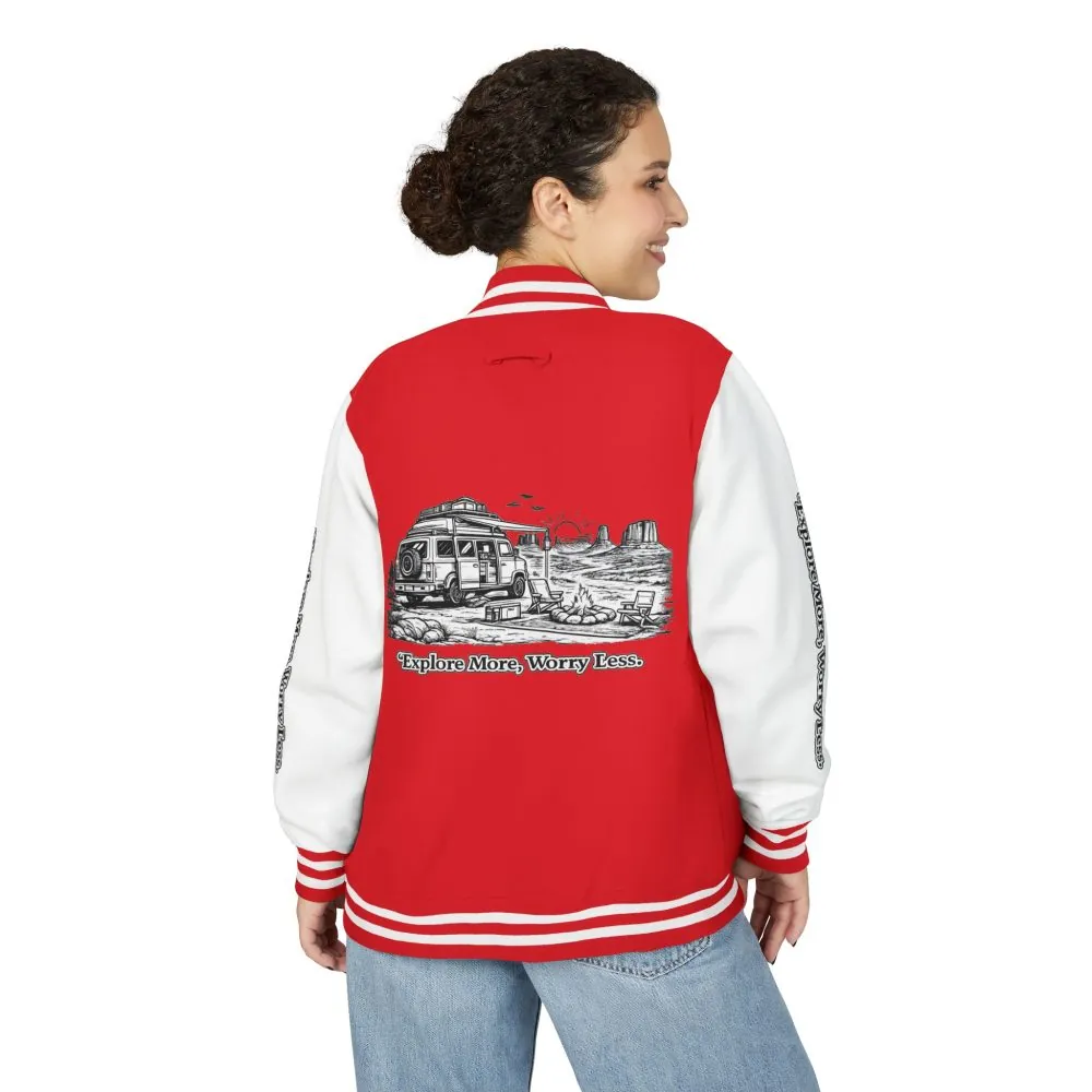 Unisex Heavyweight Letterman Jacket — "Explore More Worry Less" Travel Varsity Coat