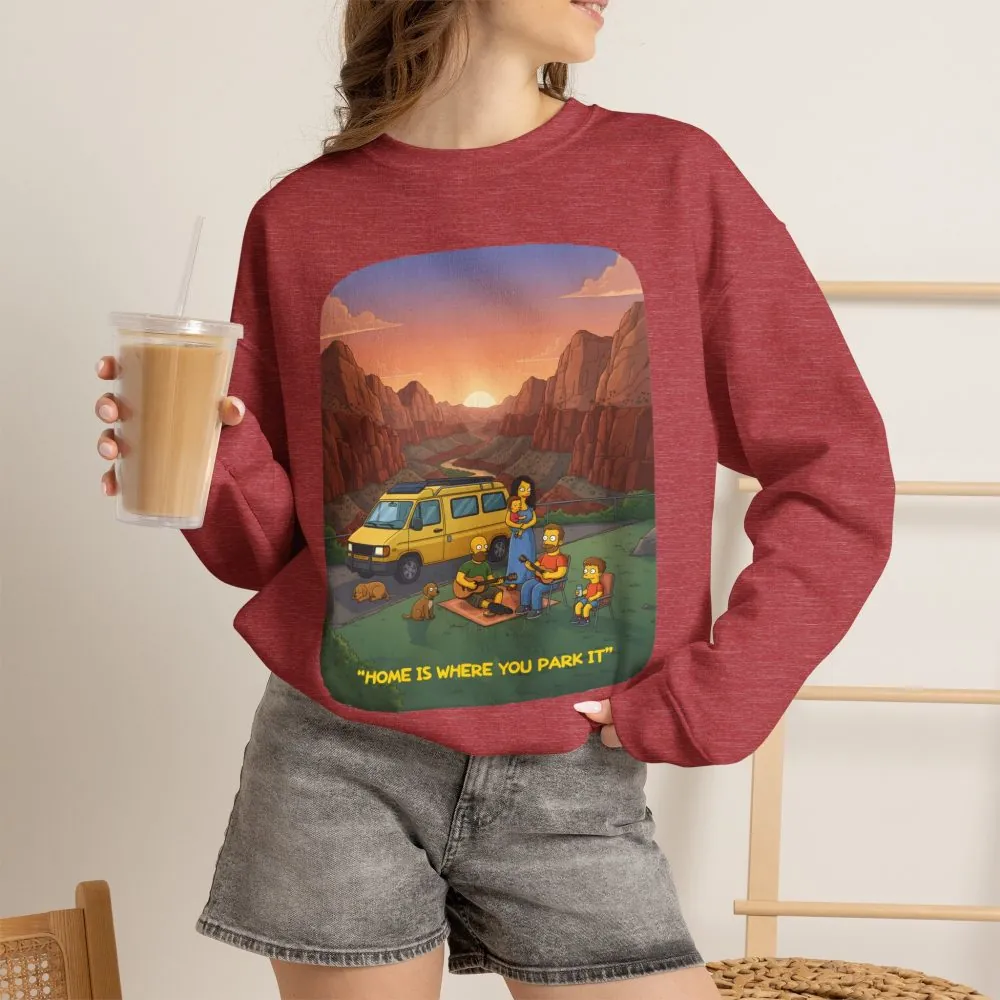 Unisex Heavy Blend™ Crewneck Sweatshirt — "Home Is Where You Park It" Design Sitcom-Line