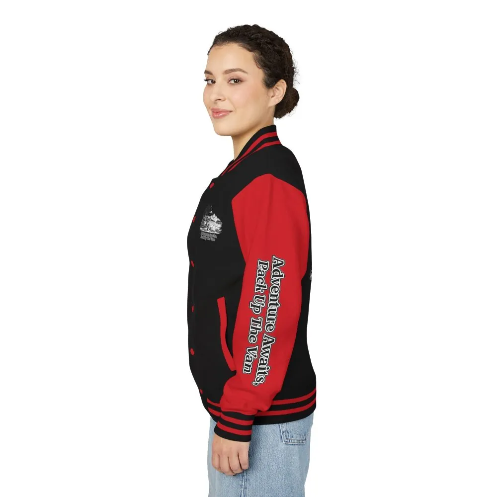 Unisex Heavyweight Letterman Jacket — "Adventure Awaits,Pack Up The Van" Travel Varsity Coat