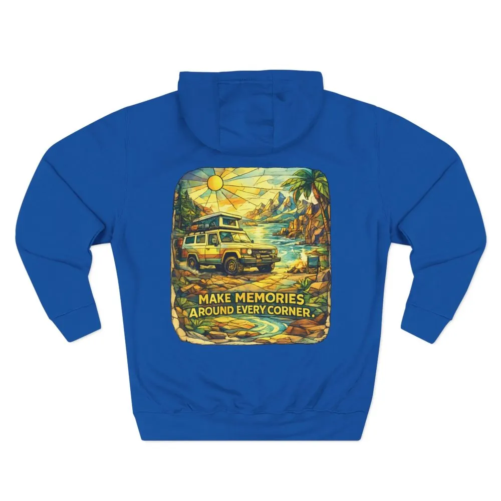 14688275631171021138_2048.jpeg Three-Panel Fleece Hoodie - "Make Memories Around Every Corner" Design Cubic-Line