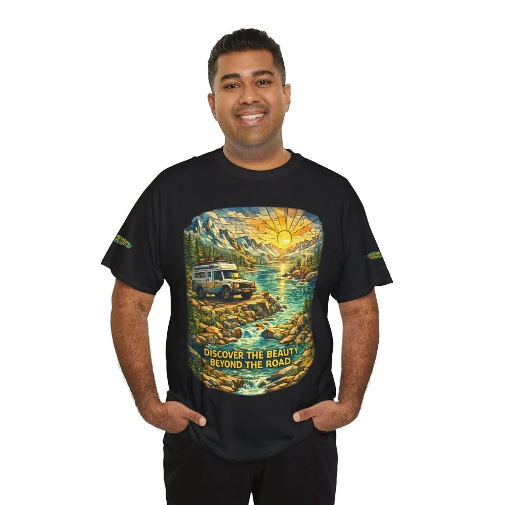 Unisex Heavy Cotton Tee — "Discover The Bieuty Beyond The Road" Design Cubic-Line
