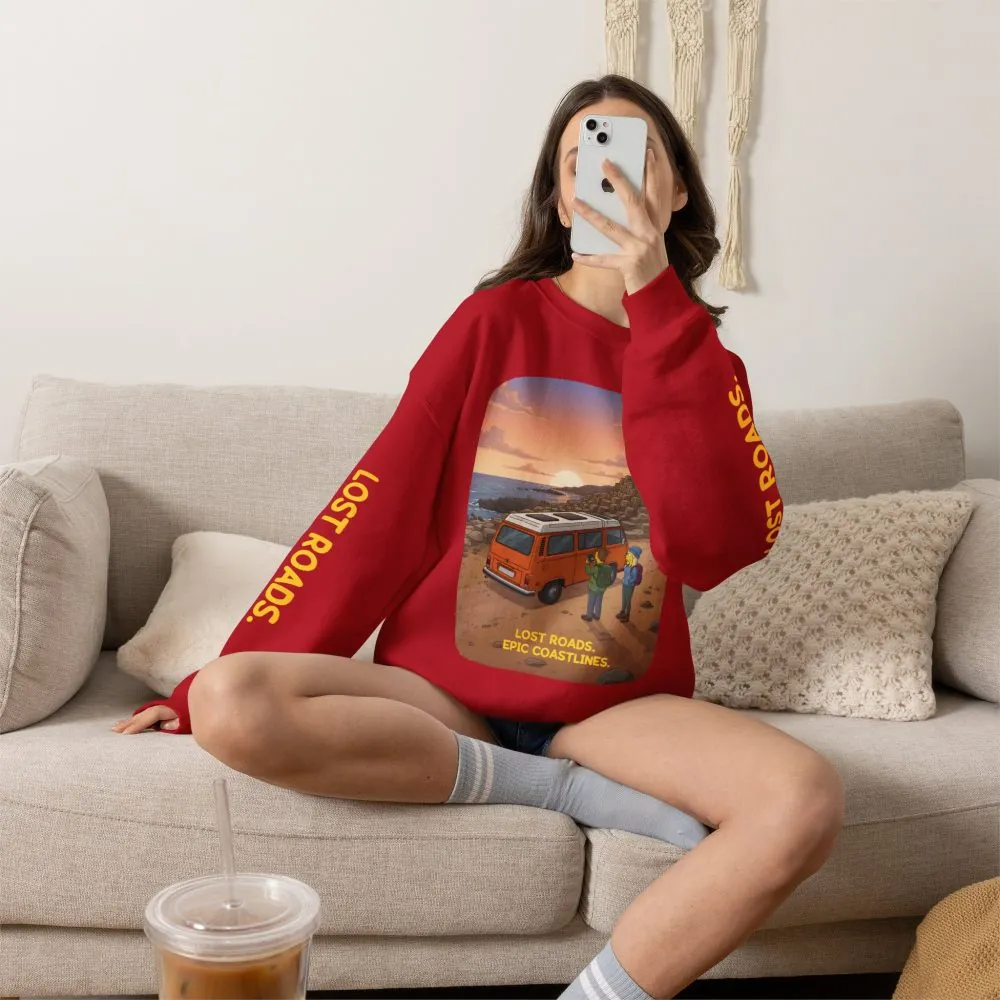 Unisex Heavy Blend™ Crewneck Sweatshirt — "Lost Roads Epic Coastlines" Design Sitcom-Line