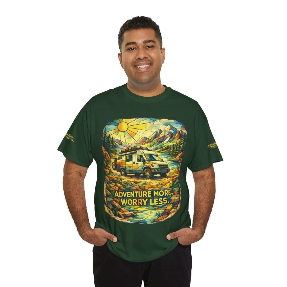 Unisex Heavy Cotton Tee — "Adventure More Worry Less" Design Cubic-Line