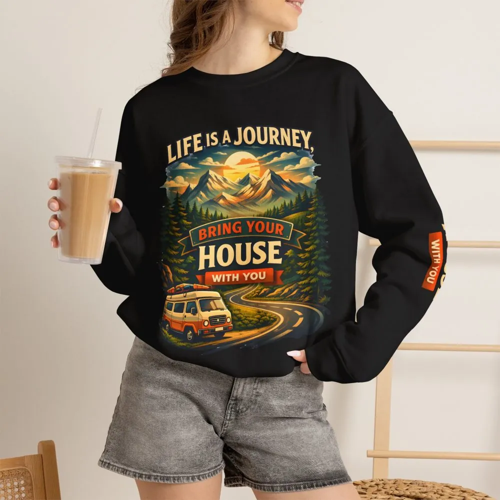 Unisex Heavy Blend™ Crewneck Sweatshirt — "Live Is A Journey-Bring Your House With You" Design Scenic-Line
