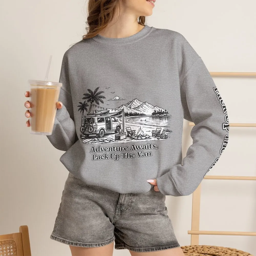 Unisex Heavy Blend™ Crewneck Sweatshirt — "Adventure Awaits,Pack Up The Van" Design Minimal-Line