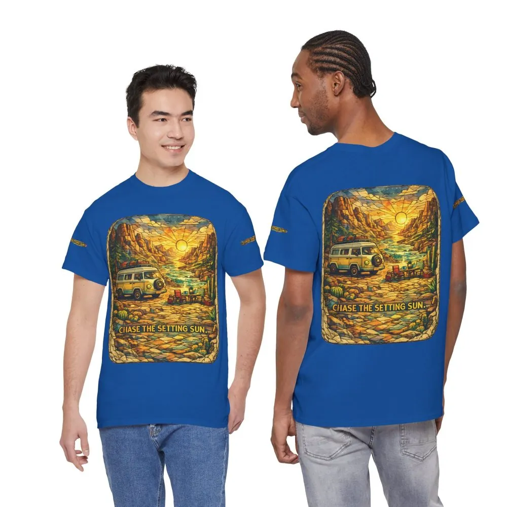 Unisex Heavy Cotton Tee — "Chase The Settings Sun" Design Cubic-Line