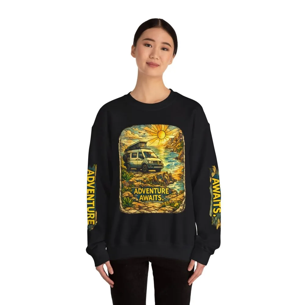 14720428980391654509_2048.jpeg Unisex Heavy Blend™ Crewneck Sweatshirt — "Adventure Awaits" Design Cubic-Line