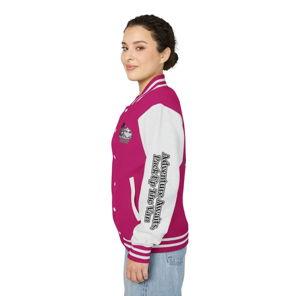 Unisex Heavyweight Letterman Jacket — "Adventure Awaits,Pack Up The Van" Travel Varsity Coat