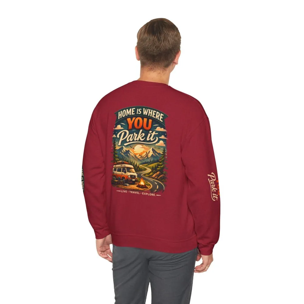 Unisex Heavy Blend™ Crewneck Sweatshirt — "Home Is Where You Park It" Design Scenic-Line