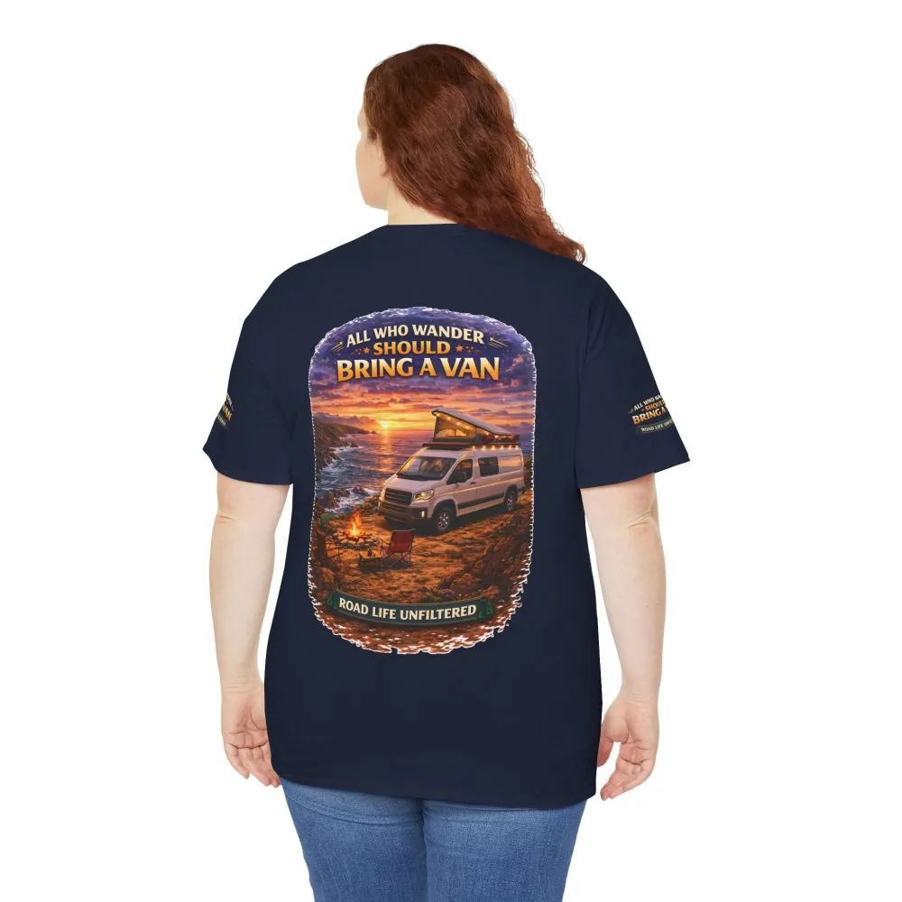 Unisex Heavy Cotton Tee — "All Who wander Should Bring A Van" Design Scenic-Line