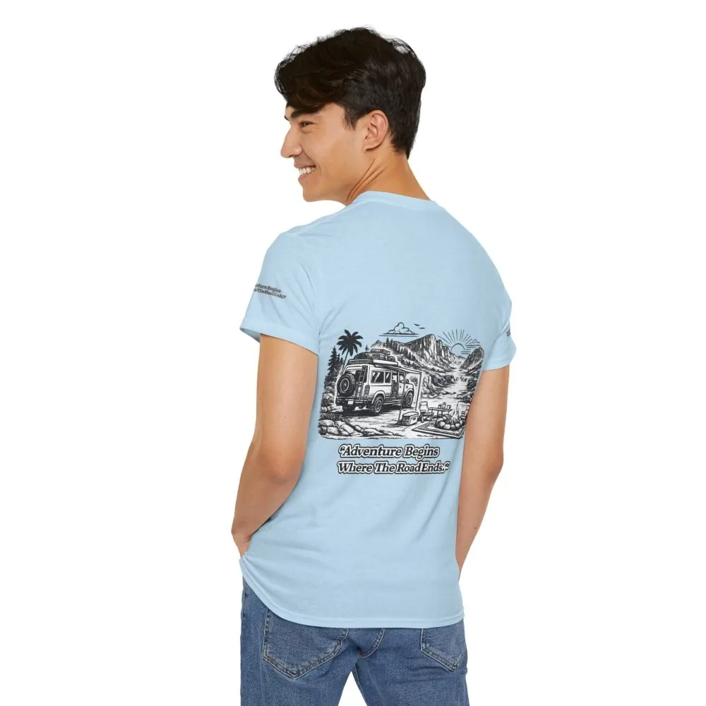 Unisex Heavy Cotton Tee — "Adventure Begins Where The Road Ends" Design Minimal-Line