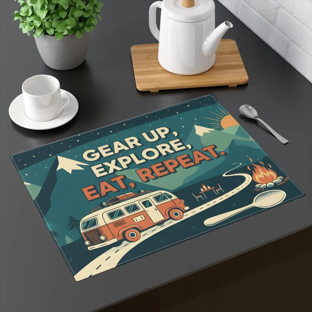 Vanlife Placemat — "Gear Up, Explore, Eat, Repeat" Camper Van Table Mat