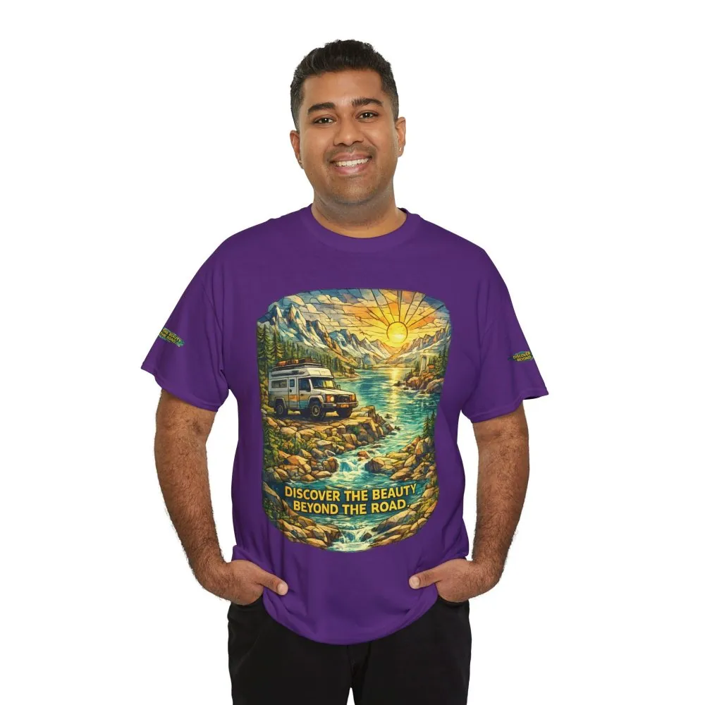 Unisex Heavy Cotton Tee — "Discover The Bieuty Beyond The Road" Design Cubic-Line