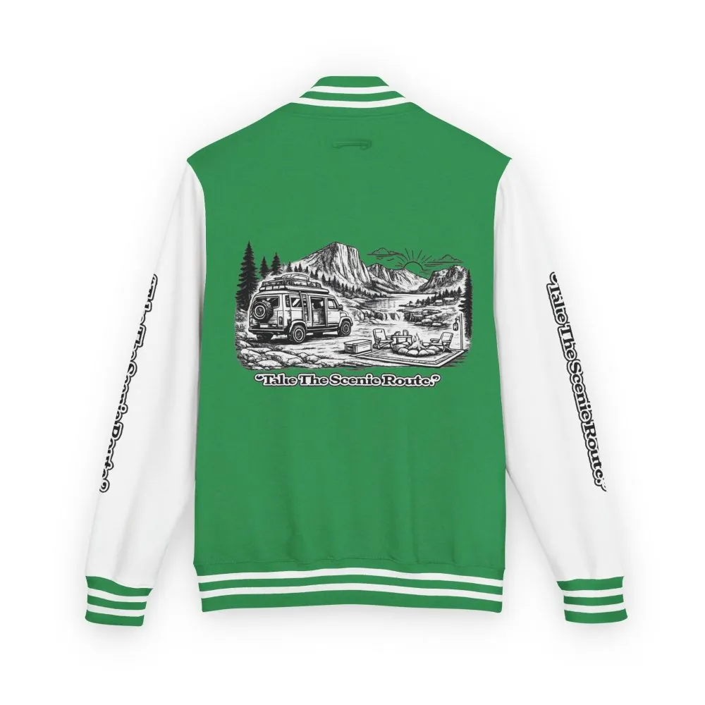 Unisex Heavyweight Letterman Jacket — "Take The Scenic Route" Travel Varsity Coat