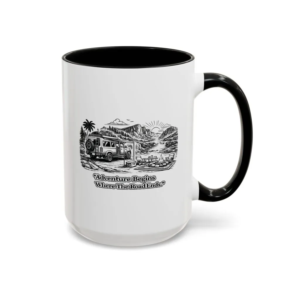 Accent Coffee Mug (11, 15oz) — "Adventure Begins Where The Road Ends" Design Minimal-Line