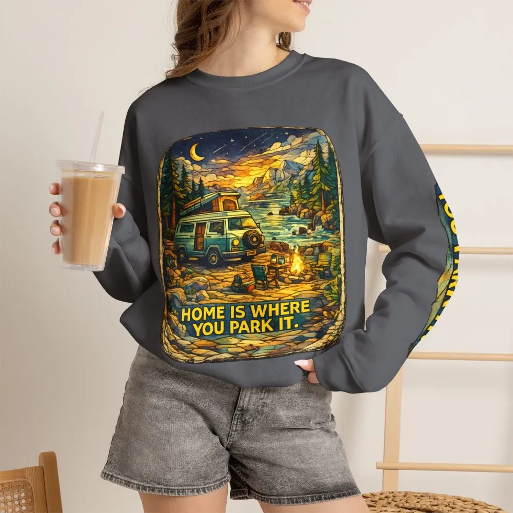 Unisex Heavy Blend™ Crewneck Sweatshirt — "Home Is Where You Park It" Design Cubic-Line