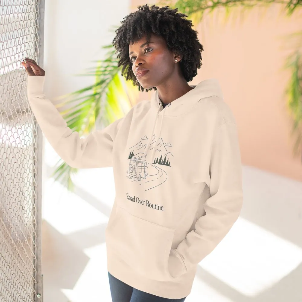 Three-Panel Fleece Hoodie - "Road Over Routine" Design Minimal-Line
