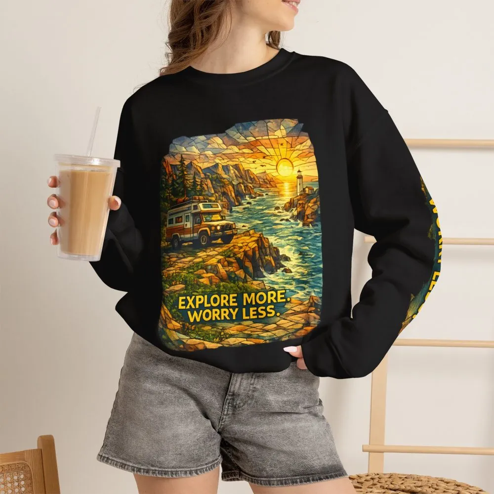 Unisex Heavy Blend™ Crewneck Sweatshirt — "Explore More Worry Less" Design Cubic-Line