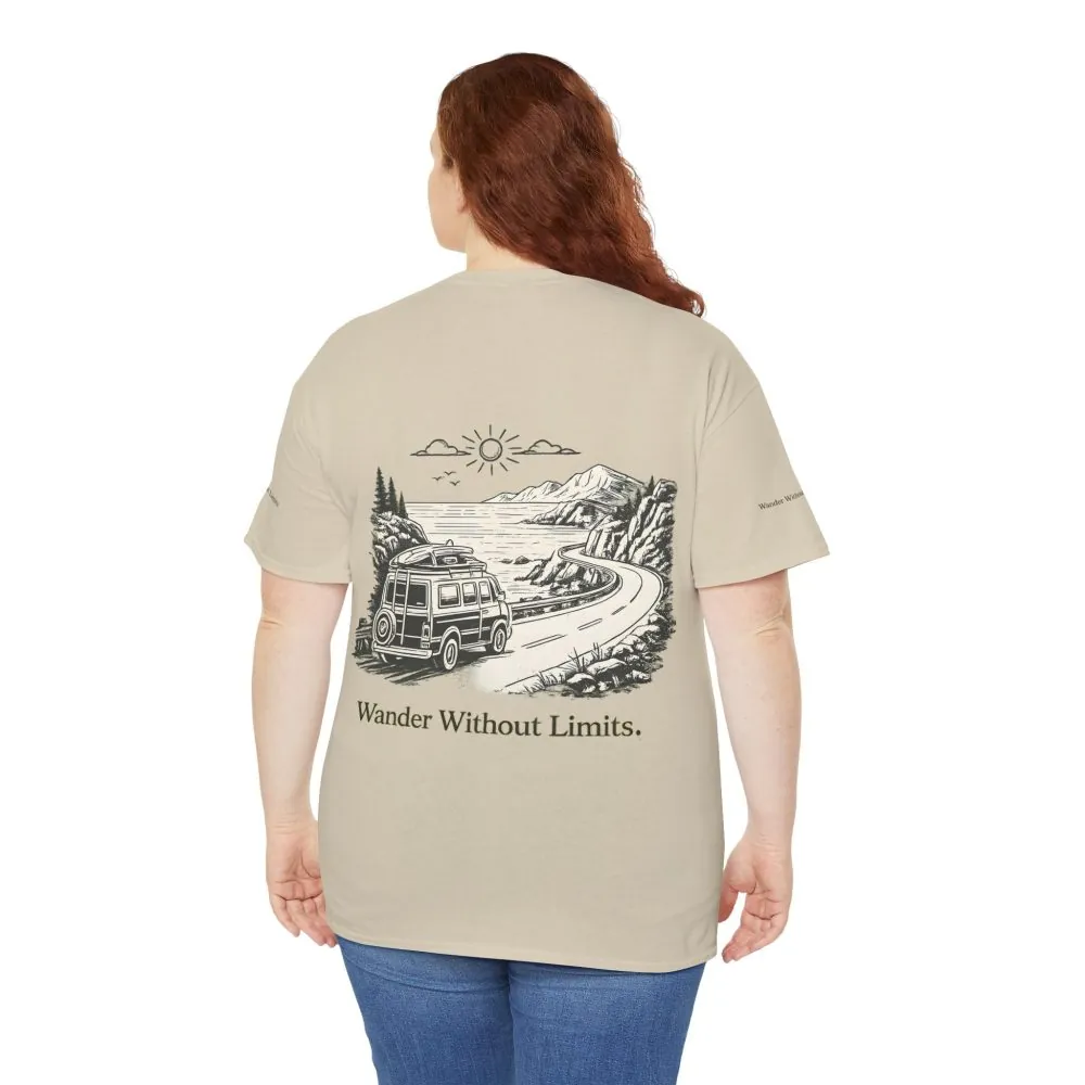 Unisex Heavy Cotton Tee — "Wander Without Limits" Design Minimal-Line