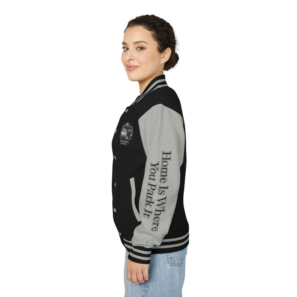 Unisex Heavyweight Letterman Jacket — "Home Is Where You Park It" Travel Varsity Coat