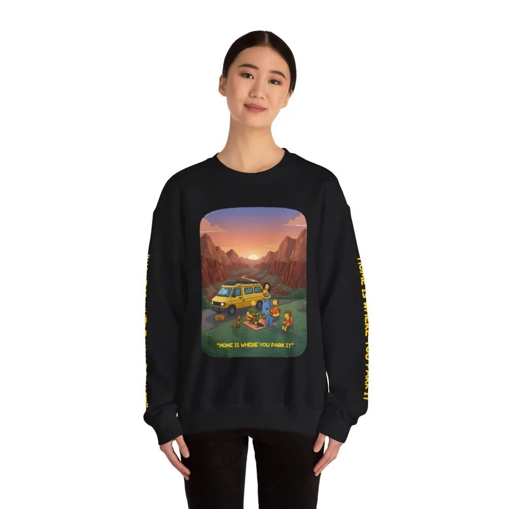 Unisex Heavy Blend™ Crewneck Sweatshirt — "Home Is Where You Park It" Design Sitcom-Line