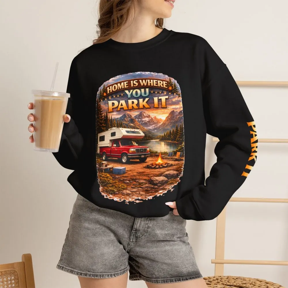Unisex Heavy Blend™ Crewneck Sweatshirt — "Home Is Where You Park It" Design Scenic-Line