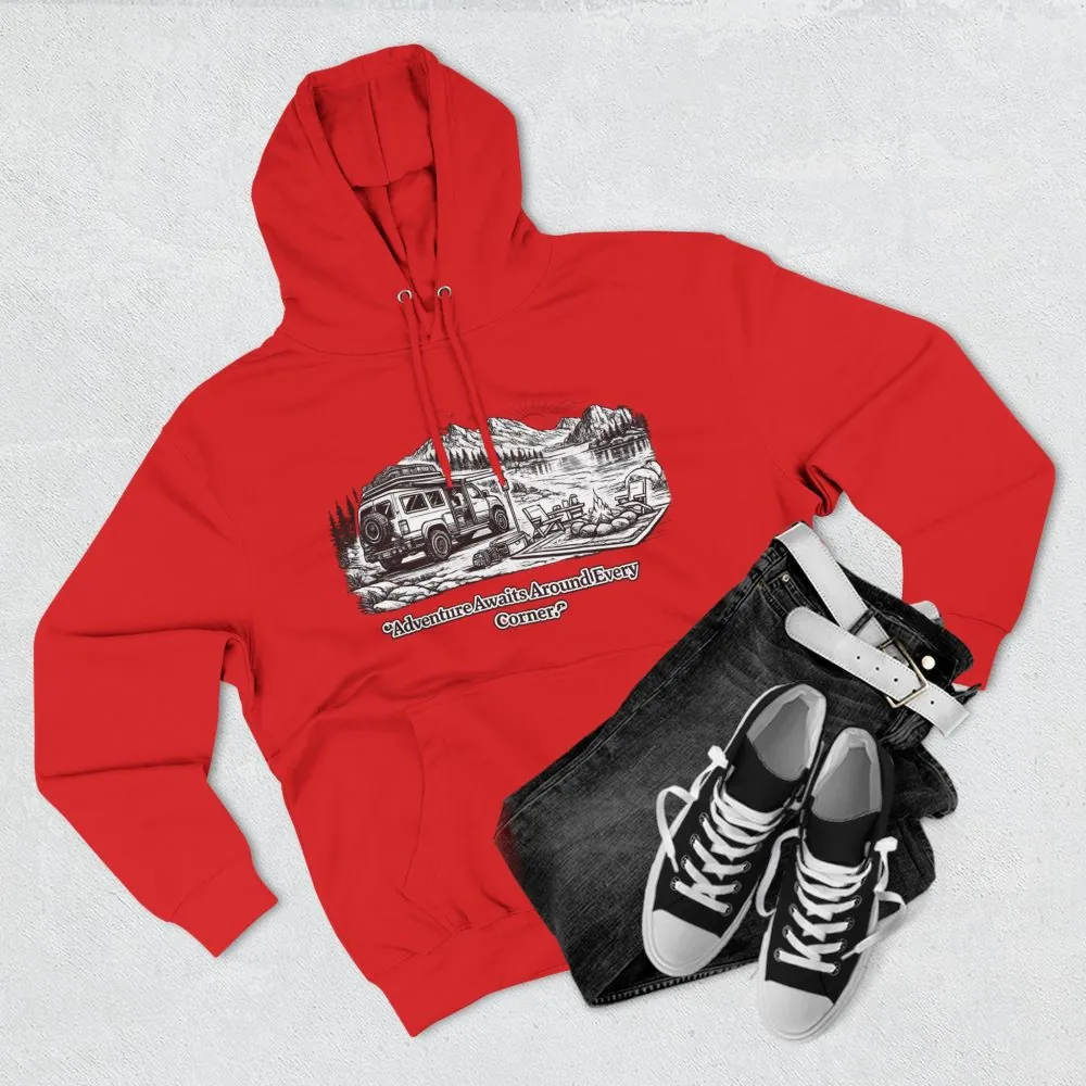 14826280430285068822_2048.jpeg Three-Panel Fleece Hoodie - "Adventure Awaits Around Every Corner" Design Minimal-Line