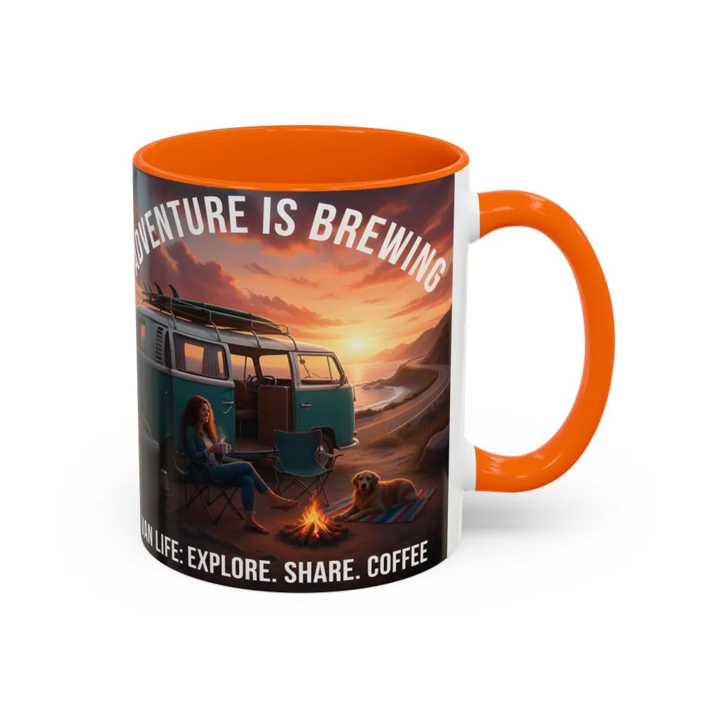 Accent Coffee Mug (11, 15oz) — "Adventure is brewing"