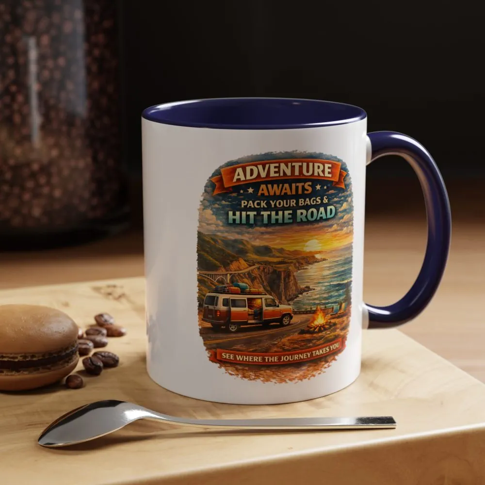 Accent Coffee Mug (11, 15oz) — "Adventure Awaits-Pack Your Bags" Design Scenic-Line
