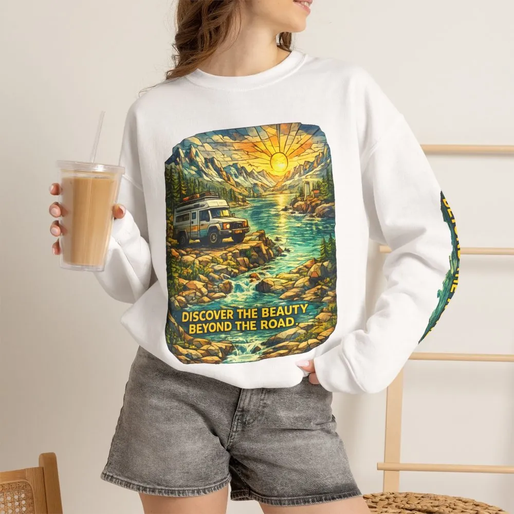 Unisex Heavy Blend™ Crewneck Sweatshirt — "Discover The Bieuty Beyond The Road" Design Cubic-Line