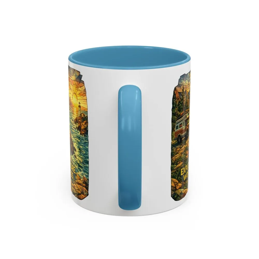 Accent Coffee Mug (11, 15oz) — "Explore More Worry Less" Design Cubic-Line